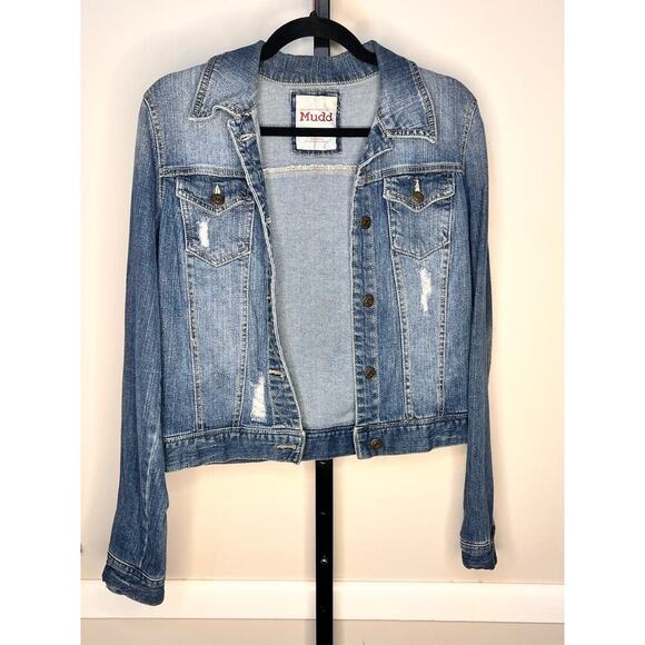 Mudd Sequined Coquette White Baseball Bow Blue Denim Distressed Jean Jacket Sz M - Picture 4 of 8